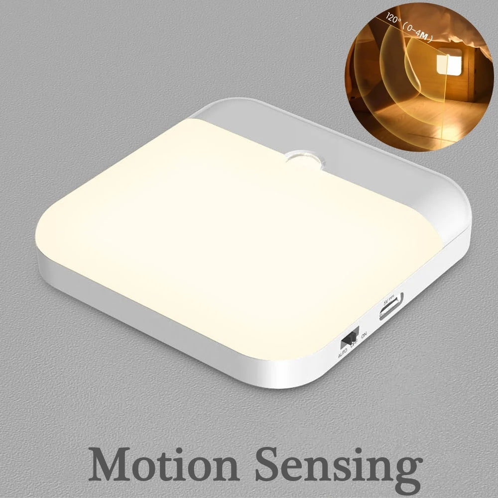 Motion Sensor LED Square Lamp – USB Rechargeable Light for Bedroom and Kitchen