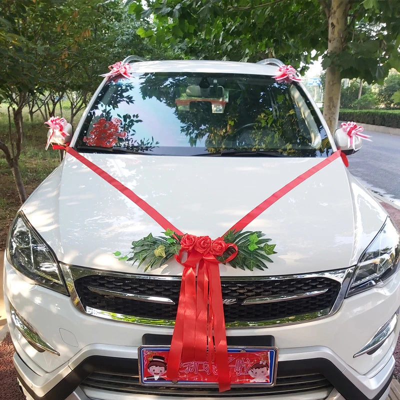 Silk Flower Wedding Car Decoration Kit – Floral Ribbons for Bridal Vehicles