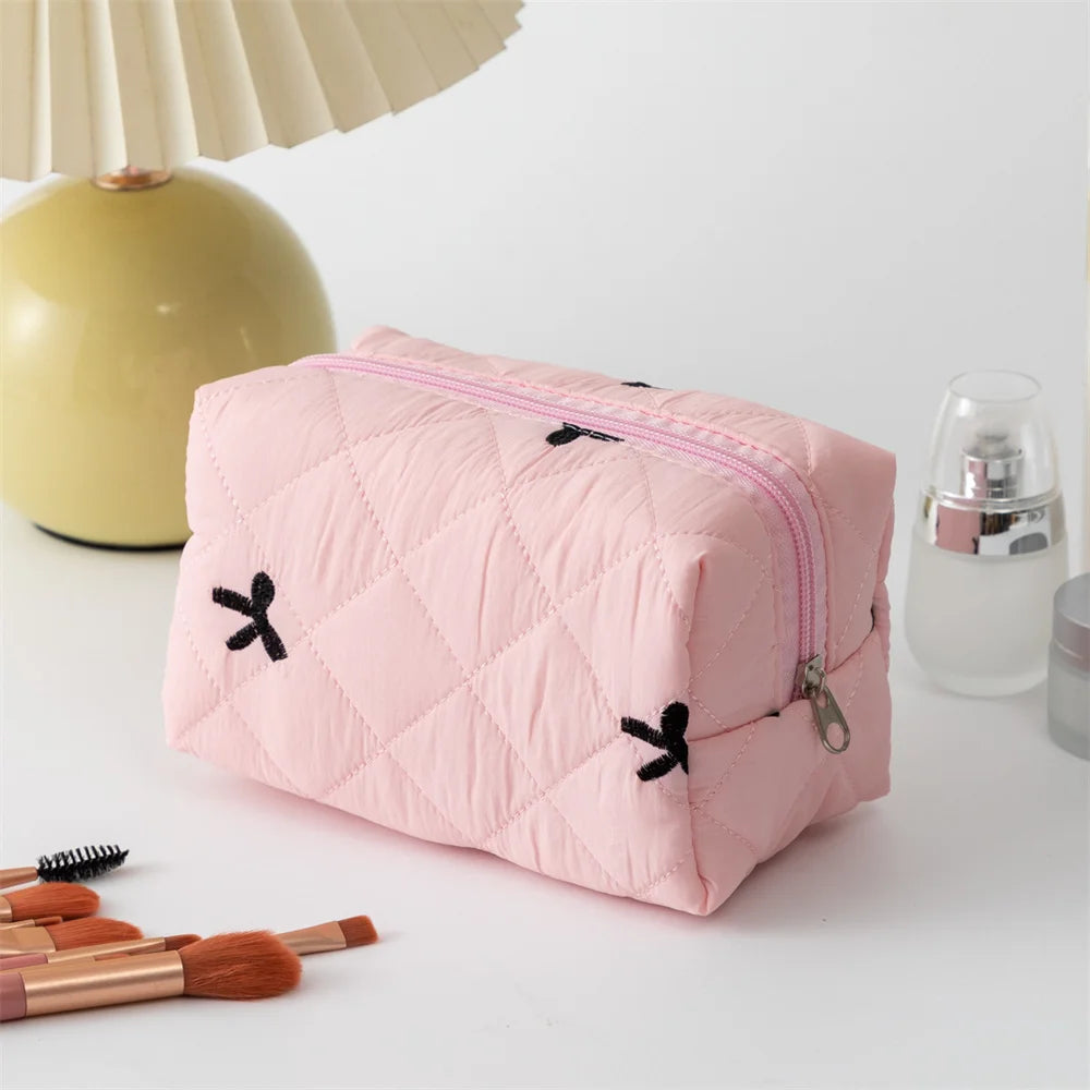 Embroidered Bow Cosmetic Bag – Large Capacity Toiletry Organizer for Travel