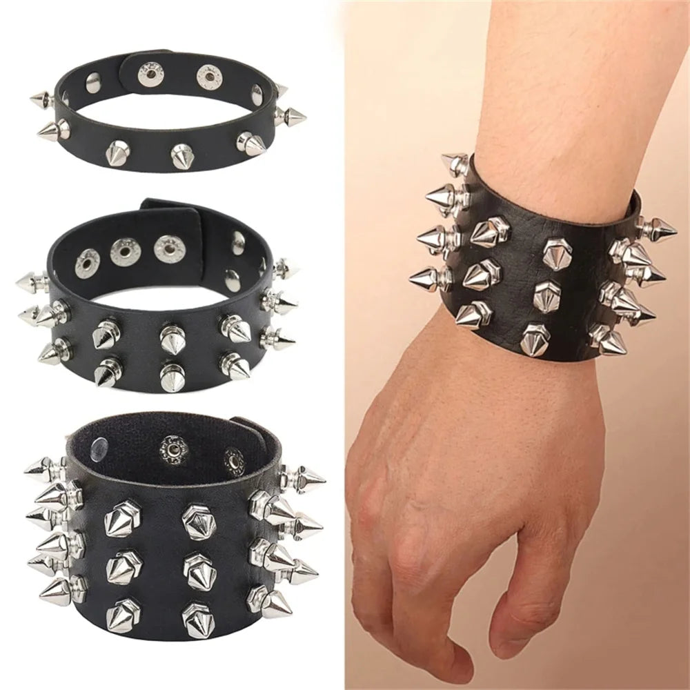 Studded Faux Leather Cuff Bracelet – Adjustable Spike Rivet Punk Cosplay