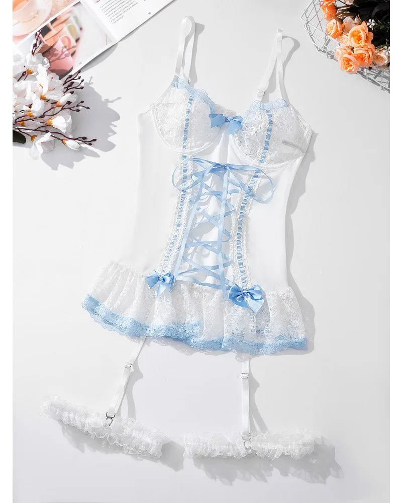 Pink Lace Bodysuit – Bow Knot Perspective Lingerie for Sexy Cosplay