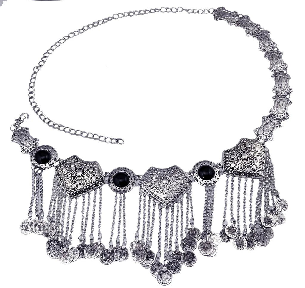 Antique silver coin belt with ornate metalwork and black stone accents, boho jewelry accessory