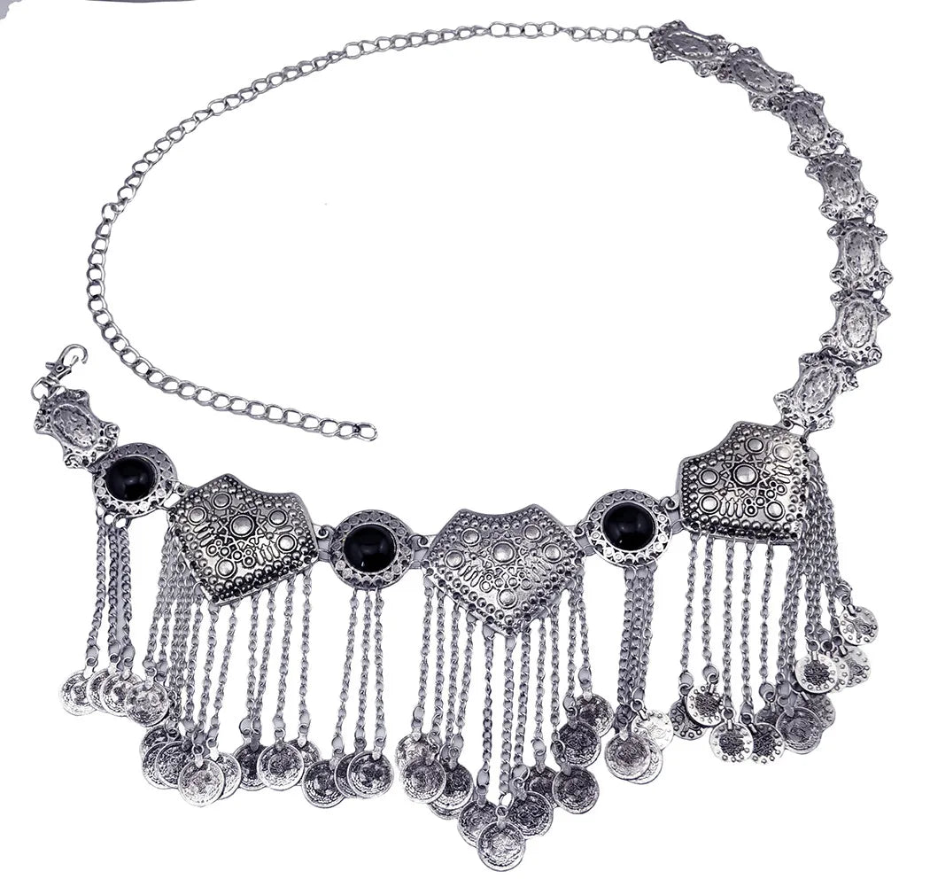 Antique silver coin belt with ornate metalwork and black stone accents, boho jewelry accessory