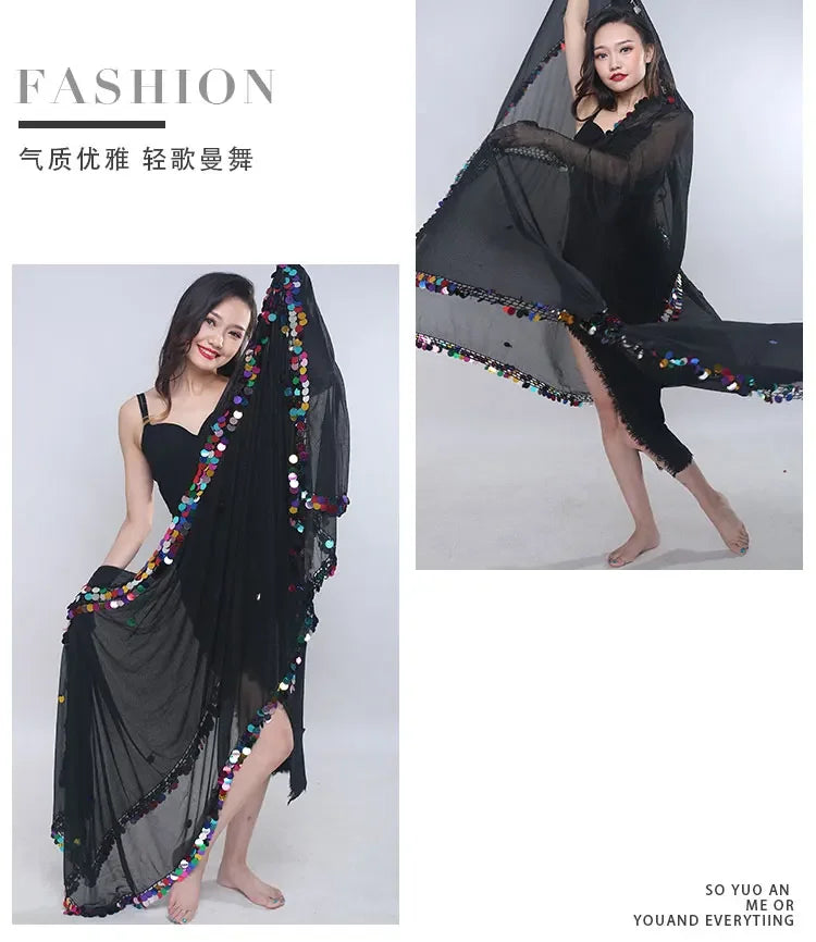 Woman modeling sheer black dance shawl with colorful sequin trim, fashion photography