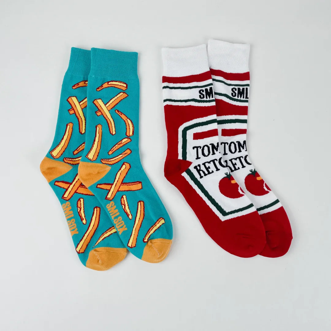 Printed Food Novelty Socks – Ketchup and Fry Mid-Calf Crew for Cosplay