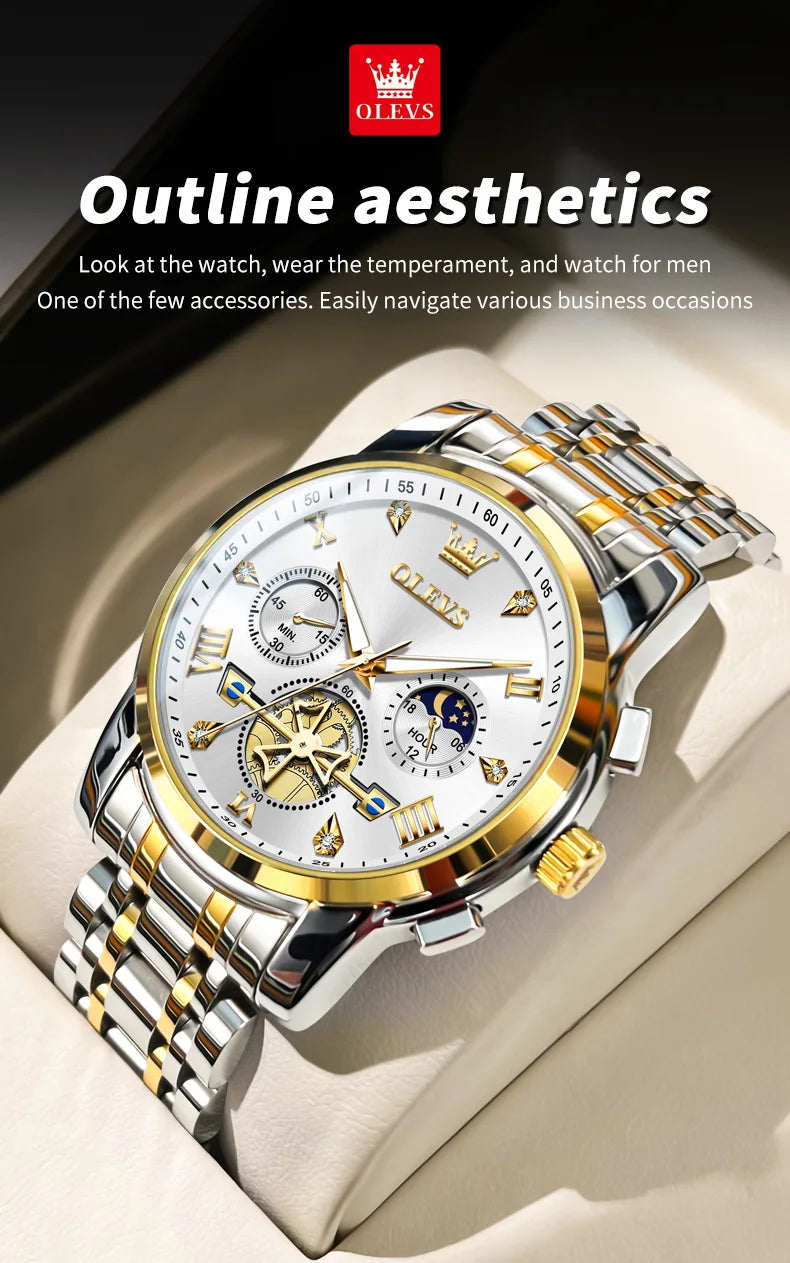 Quartz Chronograph Watch – Moon Phase Luminous Wristwatch for Men