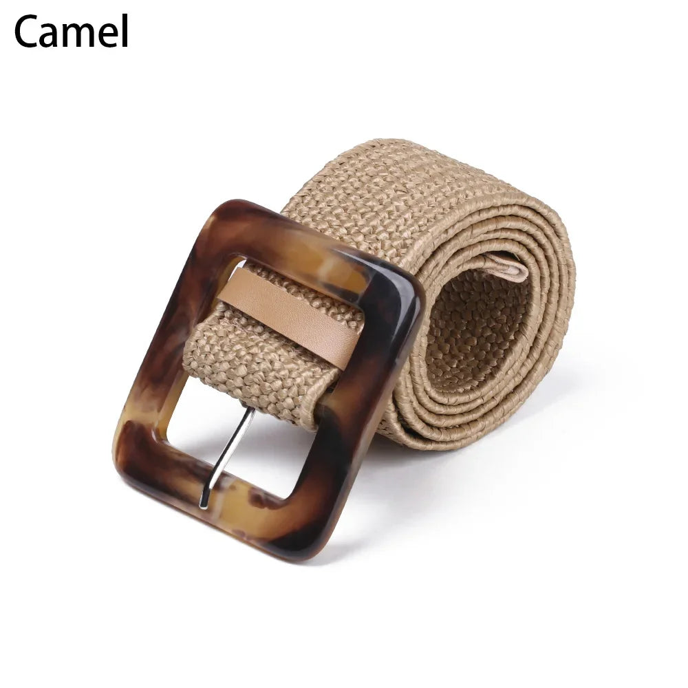 Woven Straw Waist Belt – Round Wooden Buckle for Summer Dress Accessories