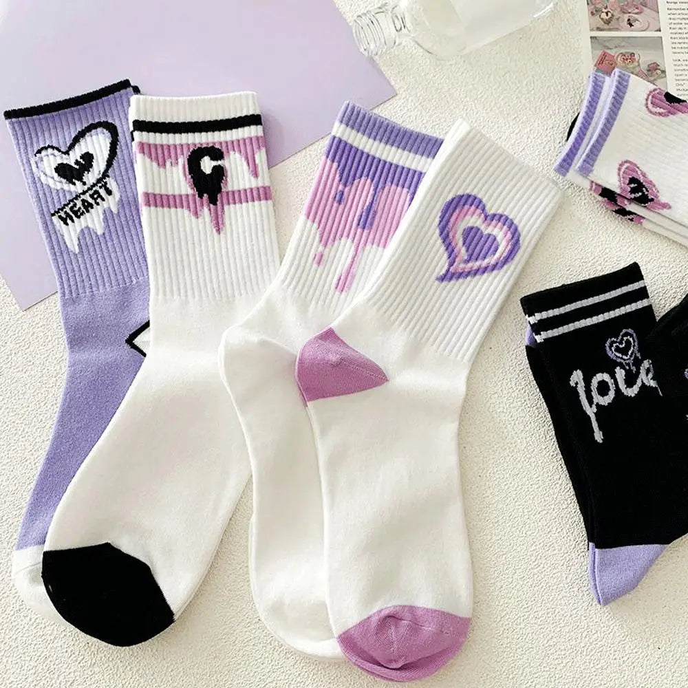 Cotton Heart Print Crew Socks – Kawaii Korean Style for Women