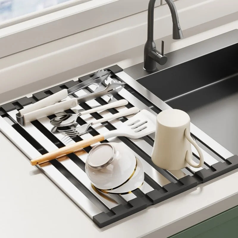 Stainless Steel Roll Up Drain Rack – Foldable Kitchen Dish Drying Basket