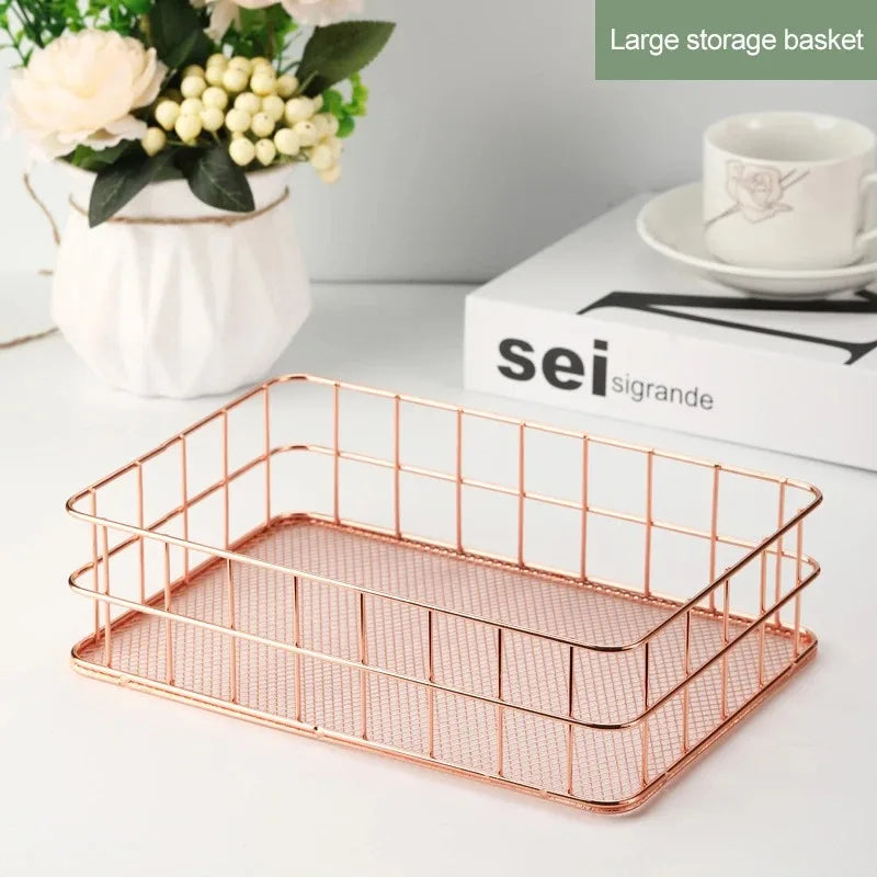 Gold Iron Storage Basket – Geometric Desktop Organizer for Makeup Brushes