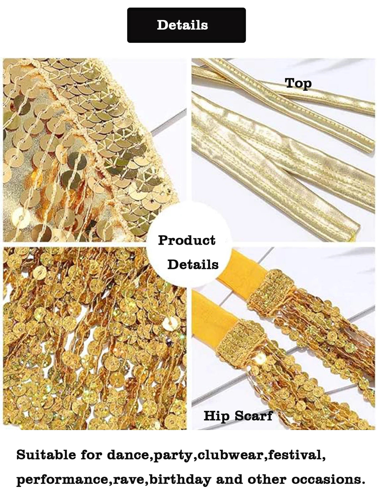 Gold sequin hip scarf and top costume set, ideal for dance, festivals, and parties.