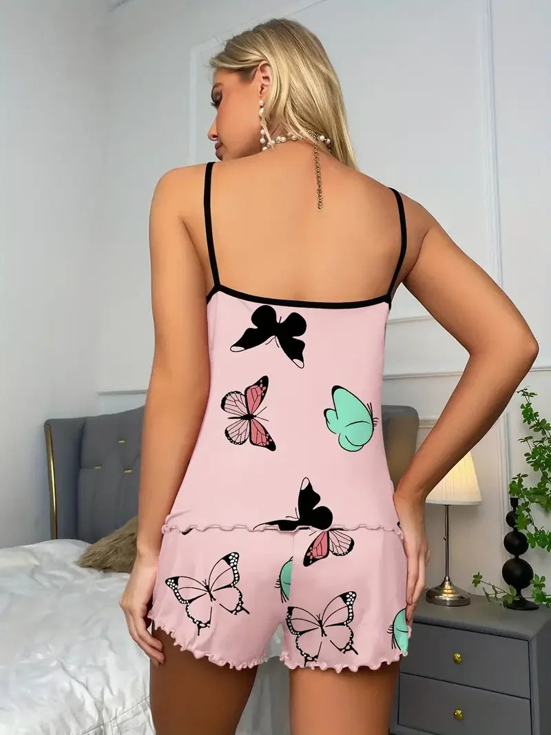 Butterfly Print Pajama Set – Lettuce Trim Cami for Sleepwear Loungewear