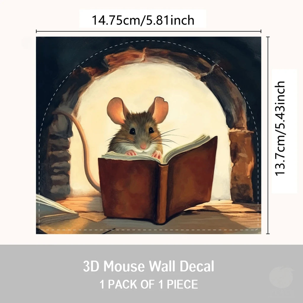 3D Mouse Hole Wall Sticker – Cute Animal Reading Decal for Home Decoration