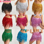 Sequin tassel fringe mini skirts in eight colors for dance or festival outfits, displayed on models.