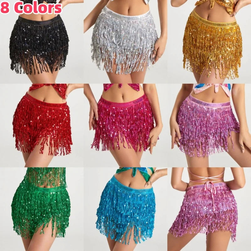 Sequin tassel fringe mini skirts in eight colors for dance or festival outfits, displayed on models.