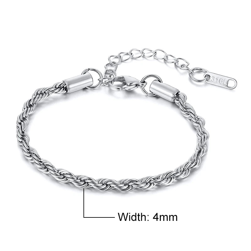 Stainless Steel Rope Chain Bracelet – Unisex Twisted Link Jewelry for Gift