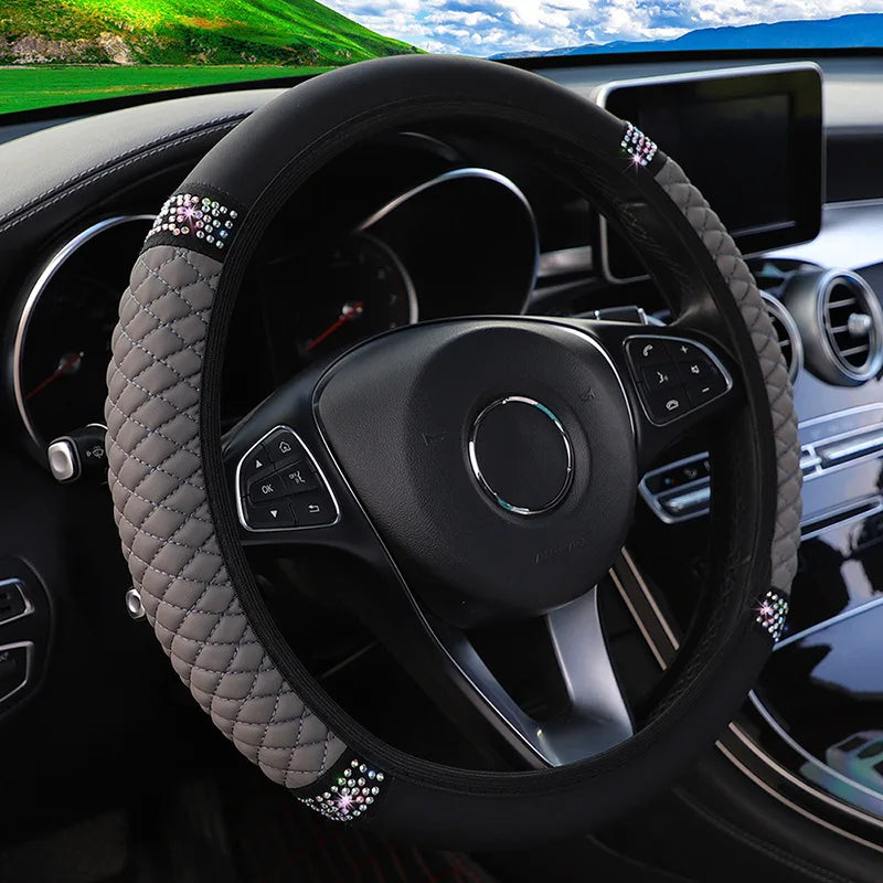 Embroidered Diamond Steering Wheel Cover – Universal Leather for Car Interior