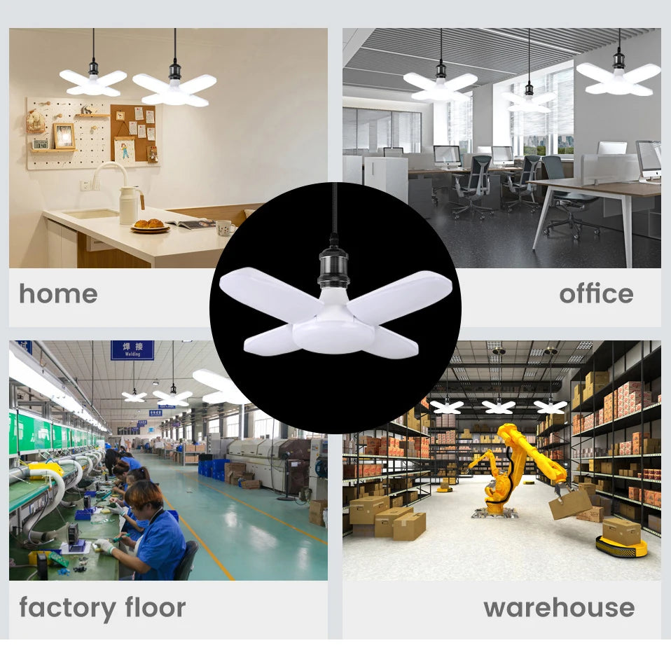 Foldable LED Fan Bulb – Adjustable 28W Ceiling Light for Garage and Warehouse