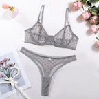 Polka Dot Mesh Lingerie Set – Sheer Underwire Bra and G-String for Women