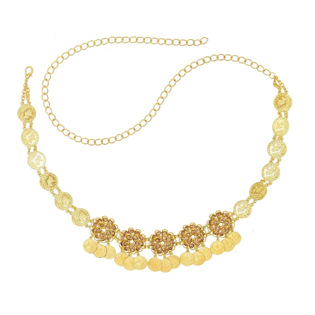 Gold coin chain belt with floral accents, adjustable and lightweight, fashion accessory