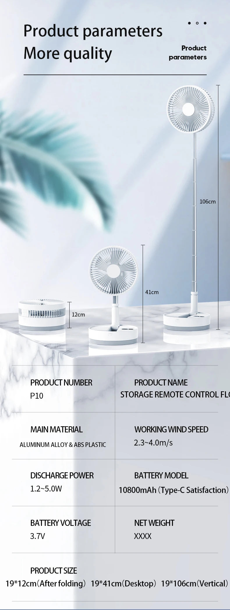 Folding Portable Desk Fan – 10800mAh Rechargeable Air Cooler for Camping