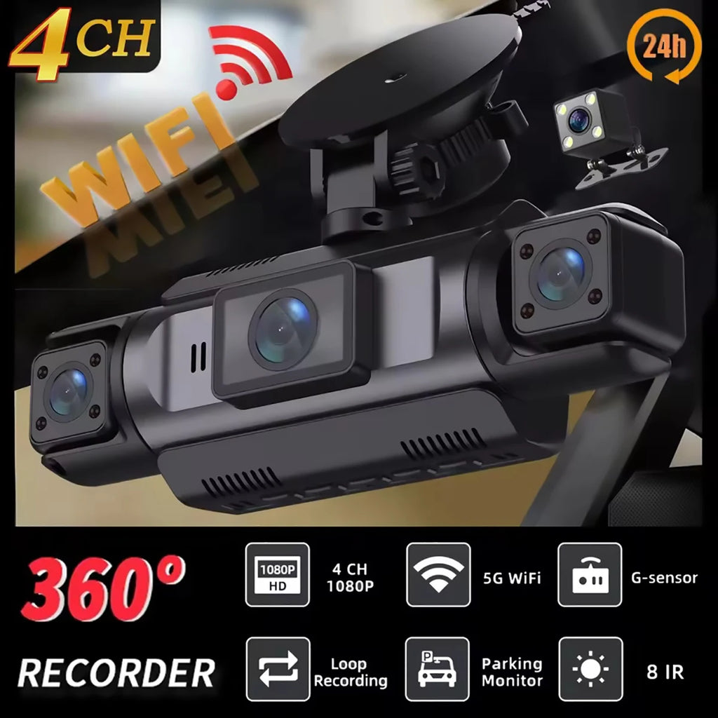 4-Channel Dash Cam – 360° WiFi Video Recorder for 24H Car Parking Surveillance