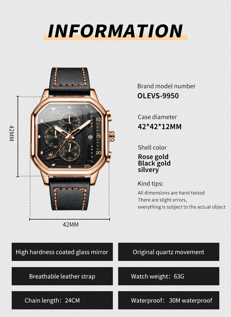 Square Leather Chronograph Watch – Waterproof Quartz Timepiece for Men