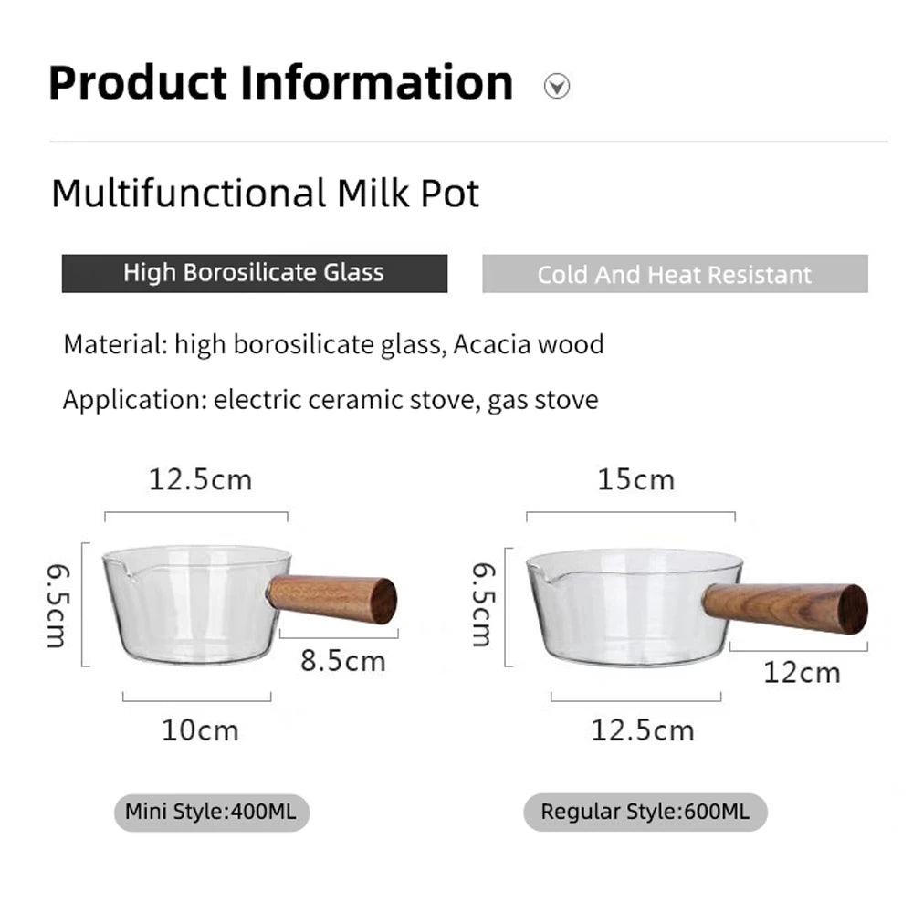 Glass Milk Pot with Wooden Handle – Heat Resistant Cookware for Kitchen Use