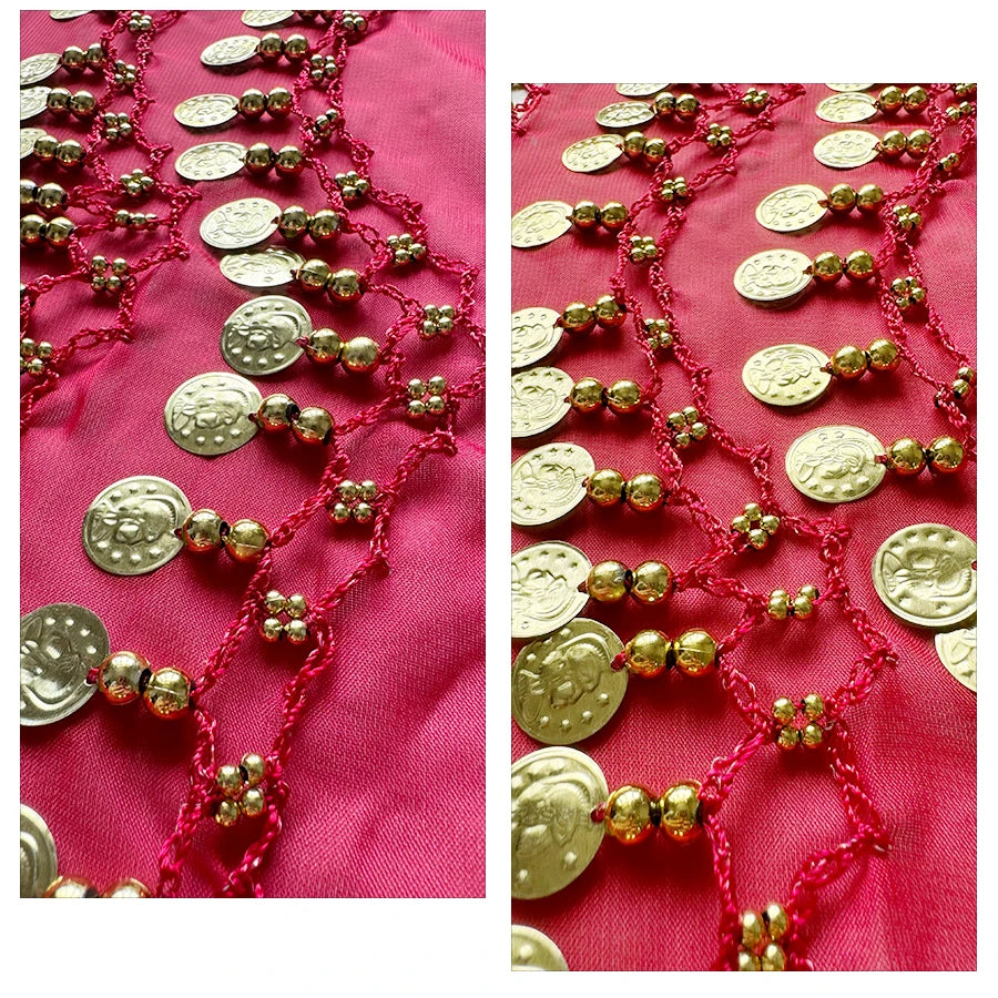 Gold coin and bead garland with pink thread on a bright pink fabric background