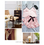 Satin V-Neck Pajama Set – Ruffled Bow Shorts for Loungewear and Sleep