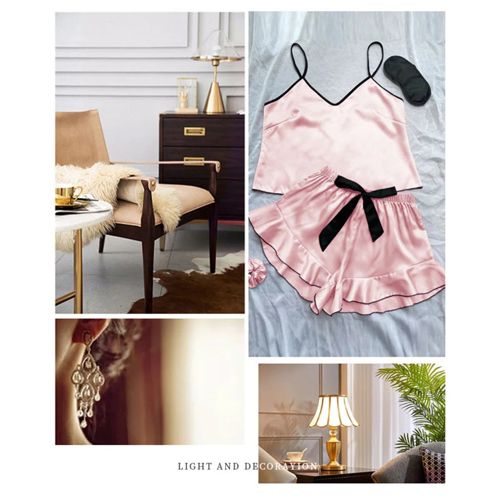 Satin V-Neck Pajama Set – Ruffled Bow Shorts for Loungewear and Sleep