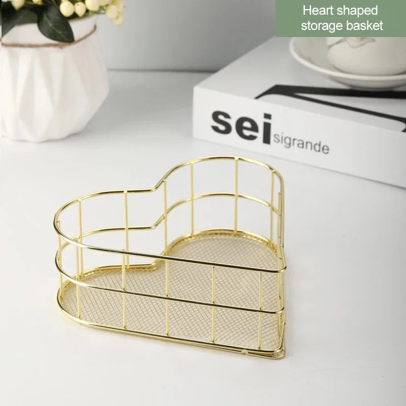 Gold Iron Storage Basket – Geometric Desktop Organizer for Makeup Brushes