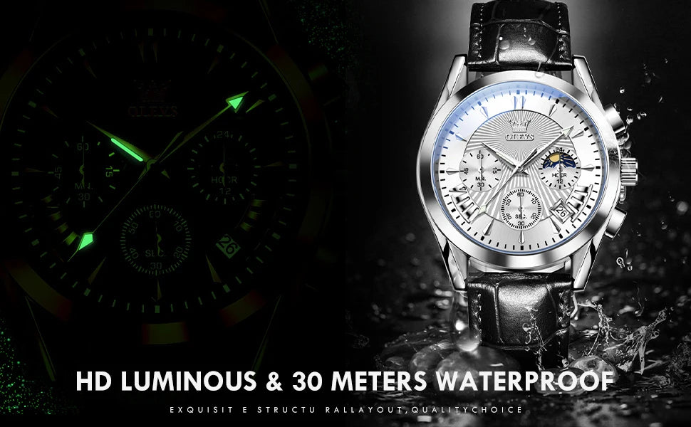 OLEVS Quartz Men's Watch – Luxury Waterproof Leather Wristwatch for Business