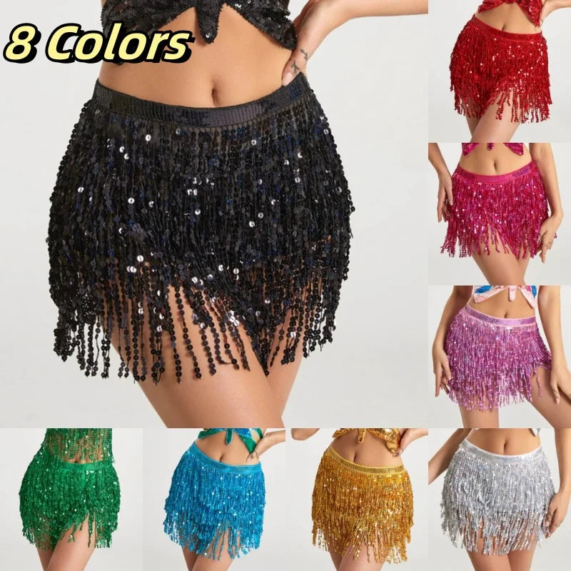 Sequin fringe mini skirts in eight colors, women's dance or festival costume accessory display