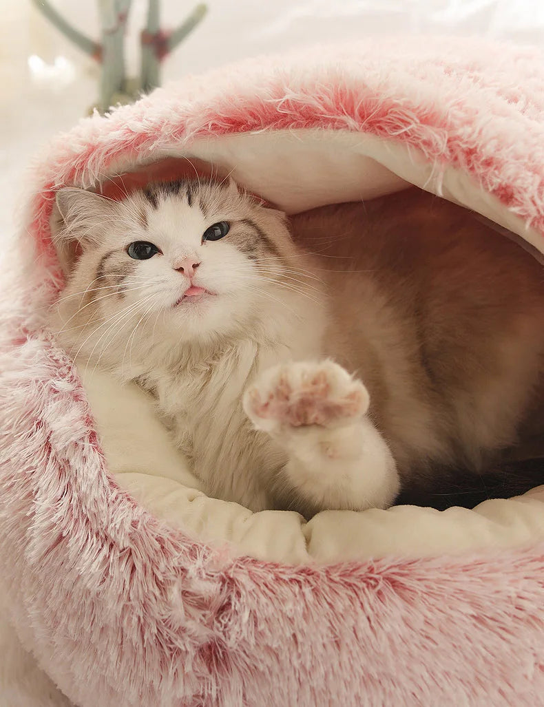Semi-Enclosed Plush Pet Bed – Warm Winter Shell Nest for Cats and Small Dogs