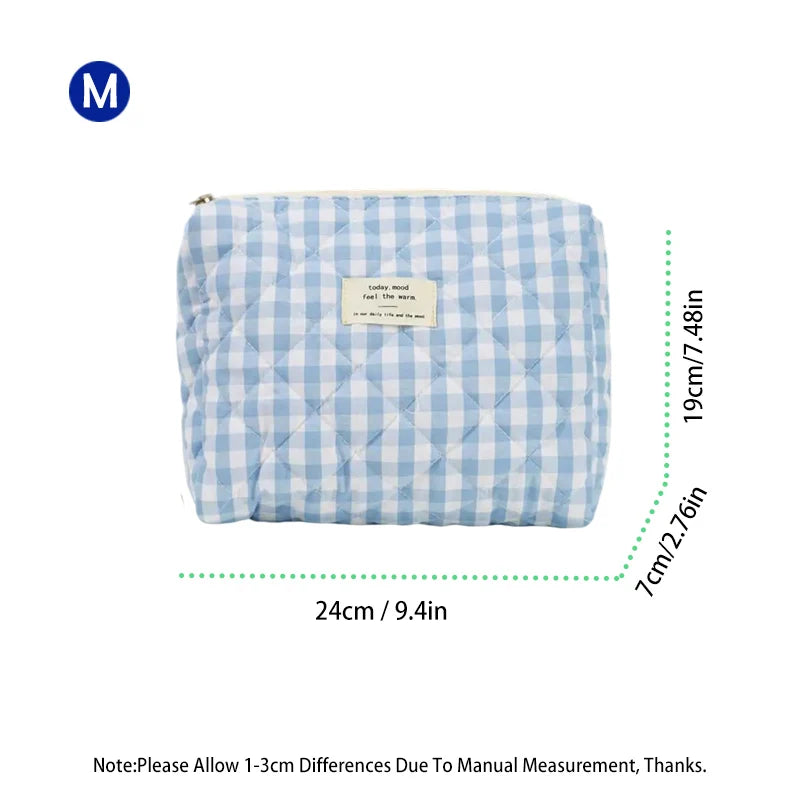 Large Checkered Cotton Cosmetic Bag – Plaid Travel Toiletry Organizer for Women