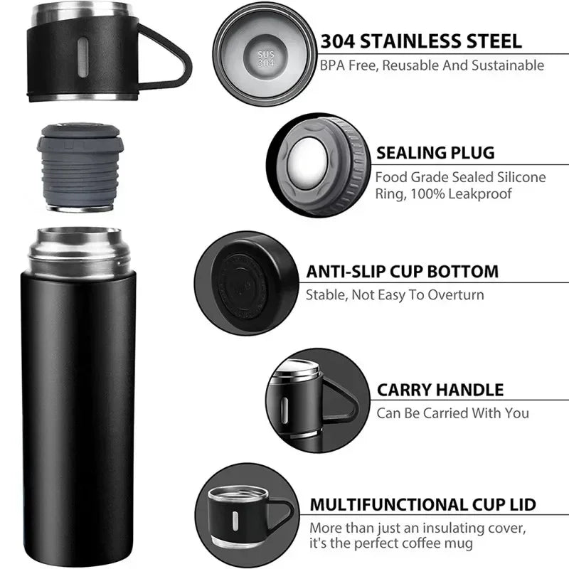Black stainless steel insulated travel mug with leakproof lid, sealing plug, anti-slip base, and carry handle, shown with labeled feature breakdown.