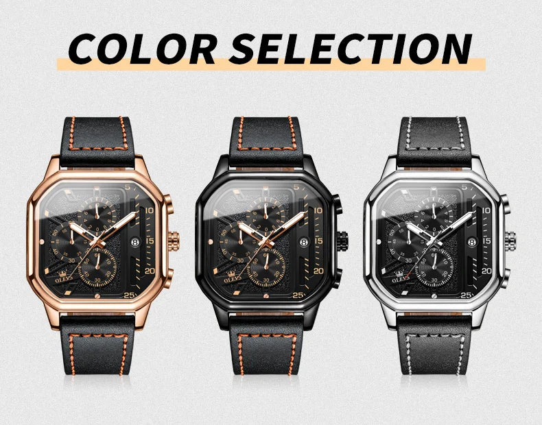 Square Leather Chronograph Watch – Waterproof Quartz Timepiece for Men