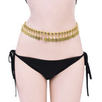 Gold coin waist chain belly dance belt on model wearing black bikini bottoms