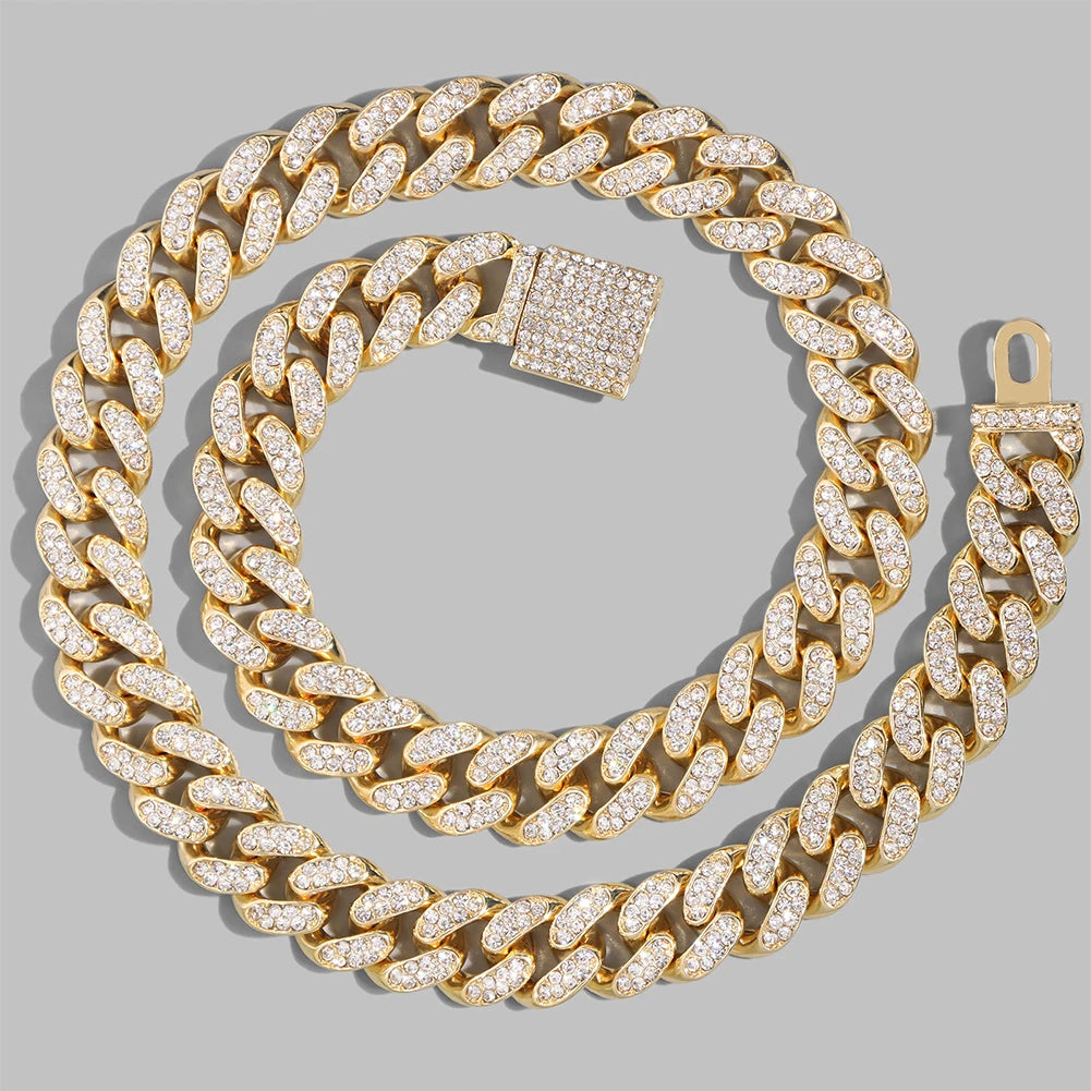 Iced Out Cuban Link Chain – AAA Rhinestone Men's Necklace for Hip Hop Jewelry