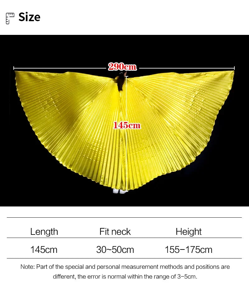 Large yellow pleated costume wings with size chart, measuring 290cm wide and 145cm long.