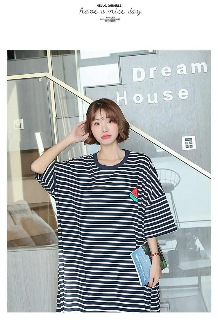 Plus Size Striped Pajama Dress – Short-Sleeved Cartoon Sleepwear for Women