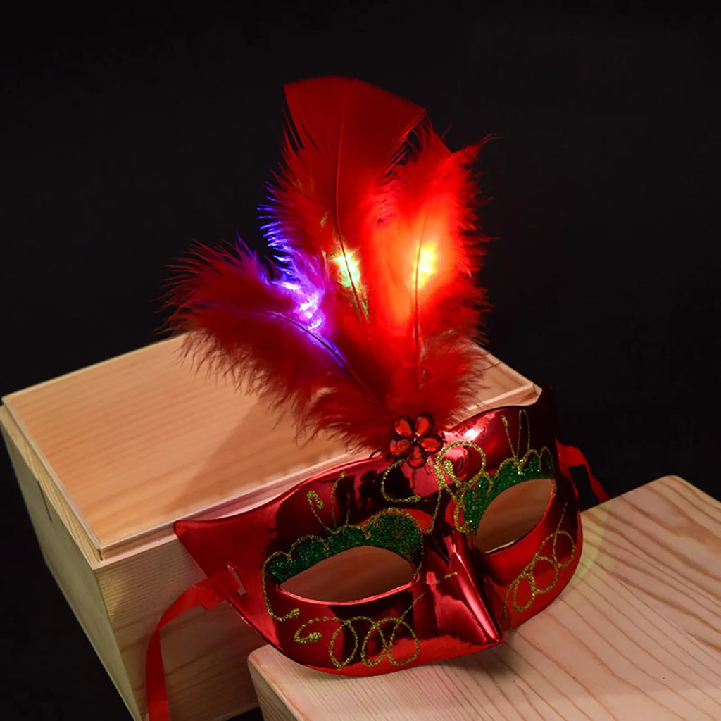 LED Feather Masquerade Mask – Glowing Venice Carnival Cosplay Costume