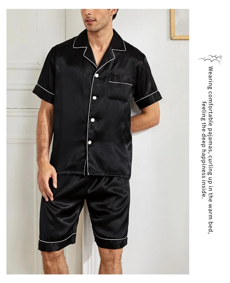 Satin Pajama Set – Short Sleeve Button-Down Sleepwear for Men