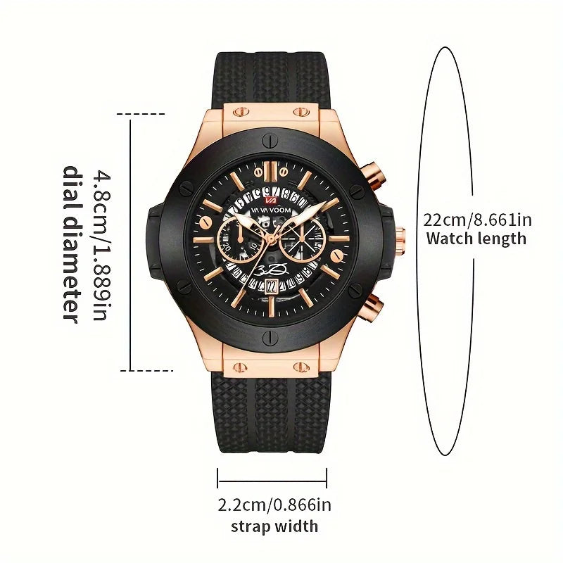 Mens Rose Gold Silicone Sports Watch – 46mm Hollow Dial for Daily Fashion