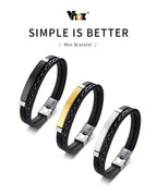 Genuine Leather Bar Bracelet – Stainless Steel Layered Bangle for Men Women