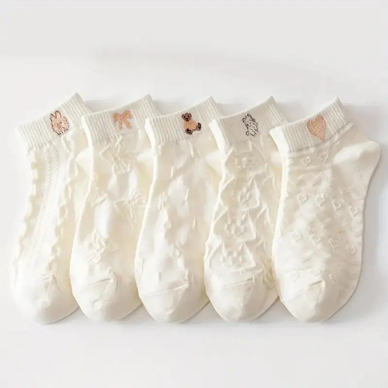 Cartoon Teddy Bear Ankle Socks – Breathable Cotton Casual Footwear for Women