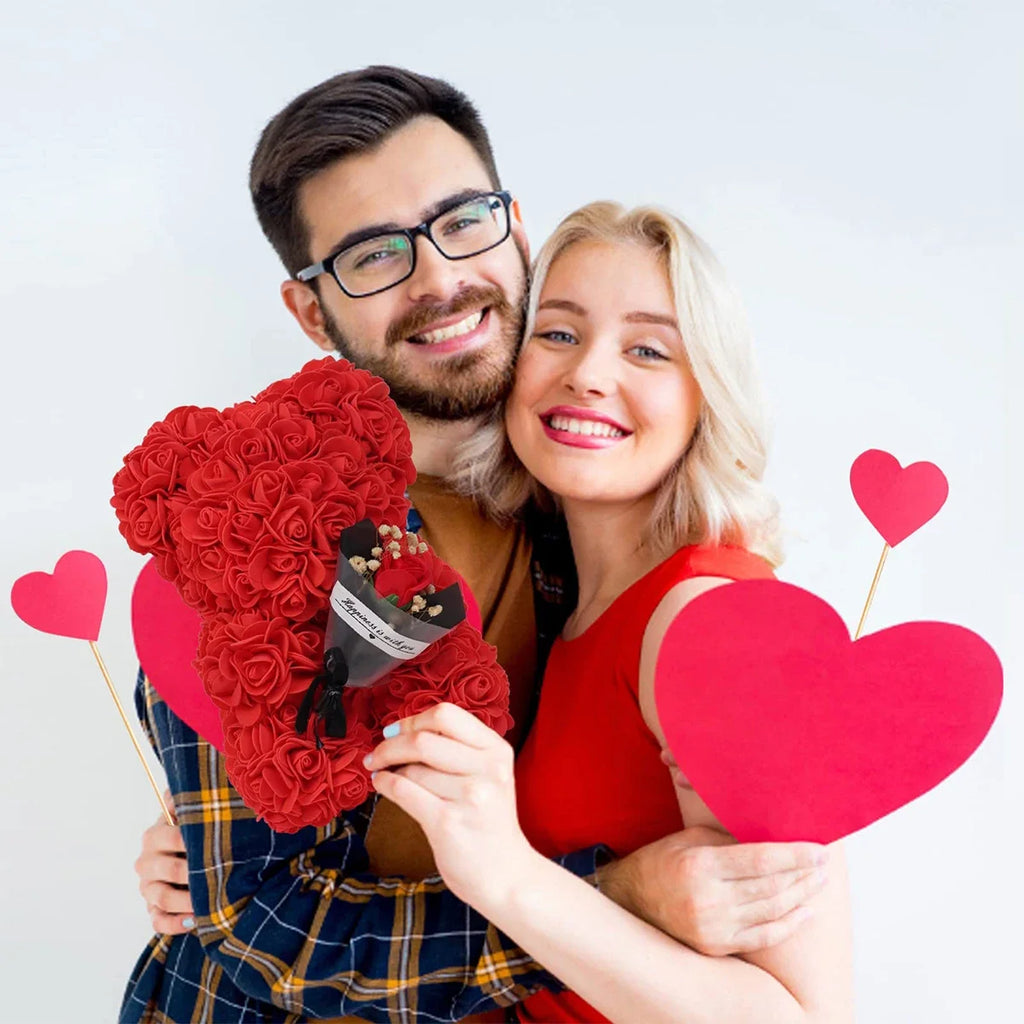 Artificial Rose Teddy Bear – 25cm Flower Figurine for Anniversary Gifts