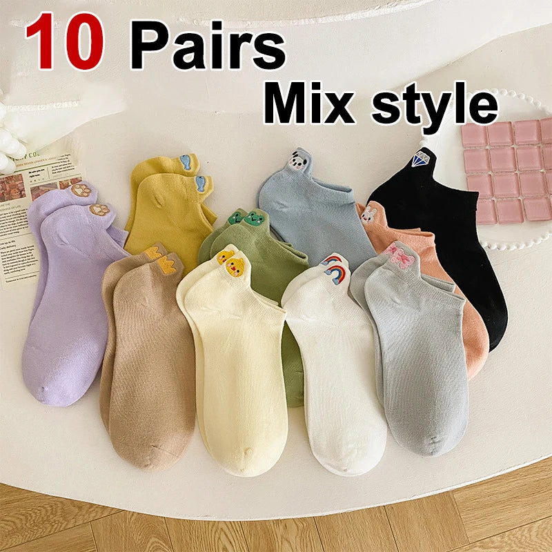 Embroidered Cotton Animal Socks – Breathable Casual Footwear for Women