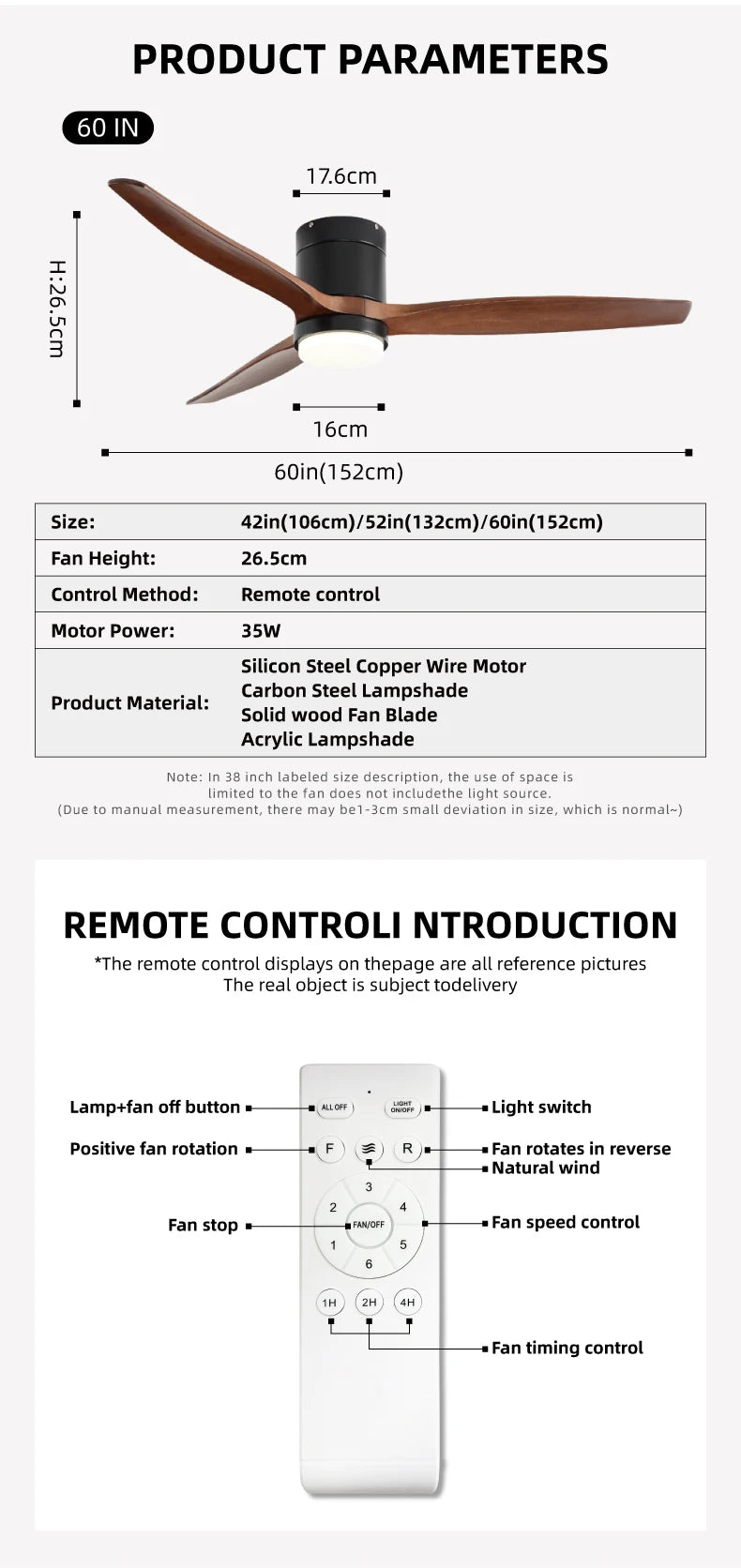 Solid Wood Ceiling Fan – 42/52 Inch LED Light for Living Room Dining